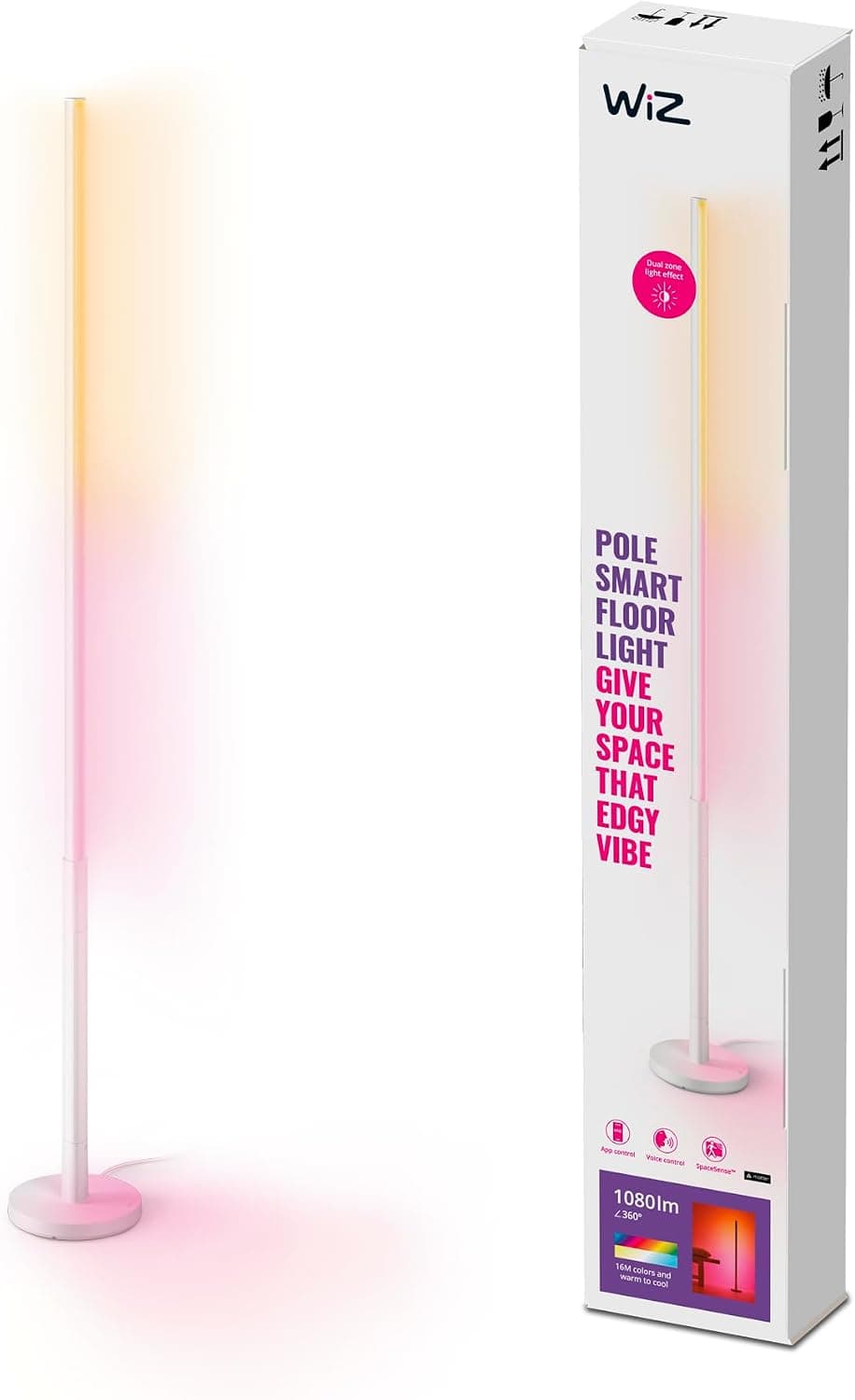 WiZ Lampadaire Gradient réglable Blanc et Couleur, Dimmable, 16 millions de couleurs, Contrôle intelligent via Wi-Fi, Compatible Google Home, Alexa et HomeKit