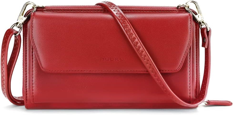 nuoku Portefeuille pour femme avec RFID, petit portefeuille pour femme avec porte-cartes de crédit, poche pour téléphone portable à accrocher avec fermeture éclair autour de 2 sangles, rouge, keiner