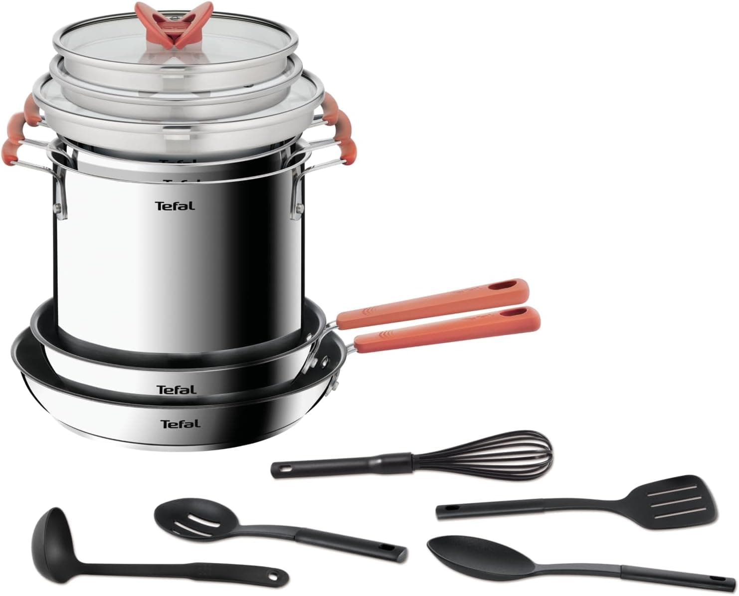 Tefal Batterie de cuisine 13 pièces Poêles + Faitouts + Casserole pâtes + Couvercles + 5 ustensiles, Induction, Acier inoxydable 18/10 haute qualité, Garantie 10 ans, Opti'Space G721SD74