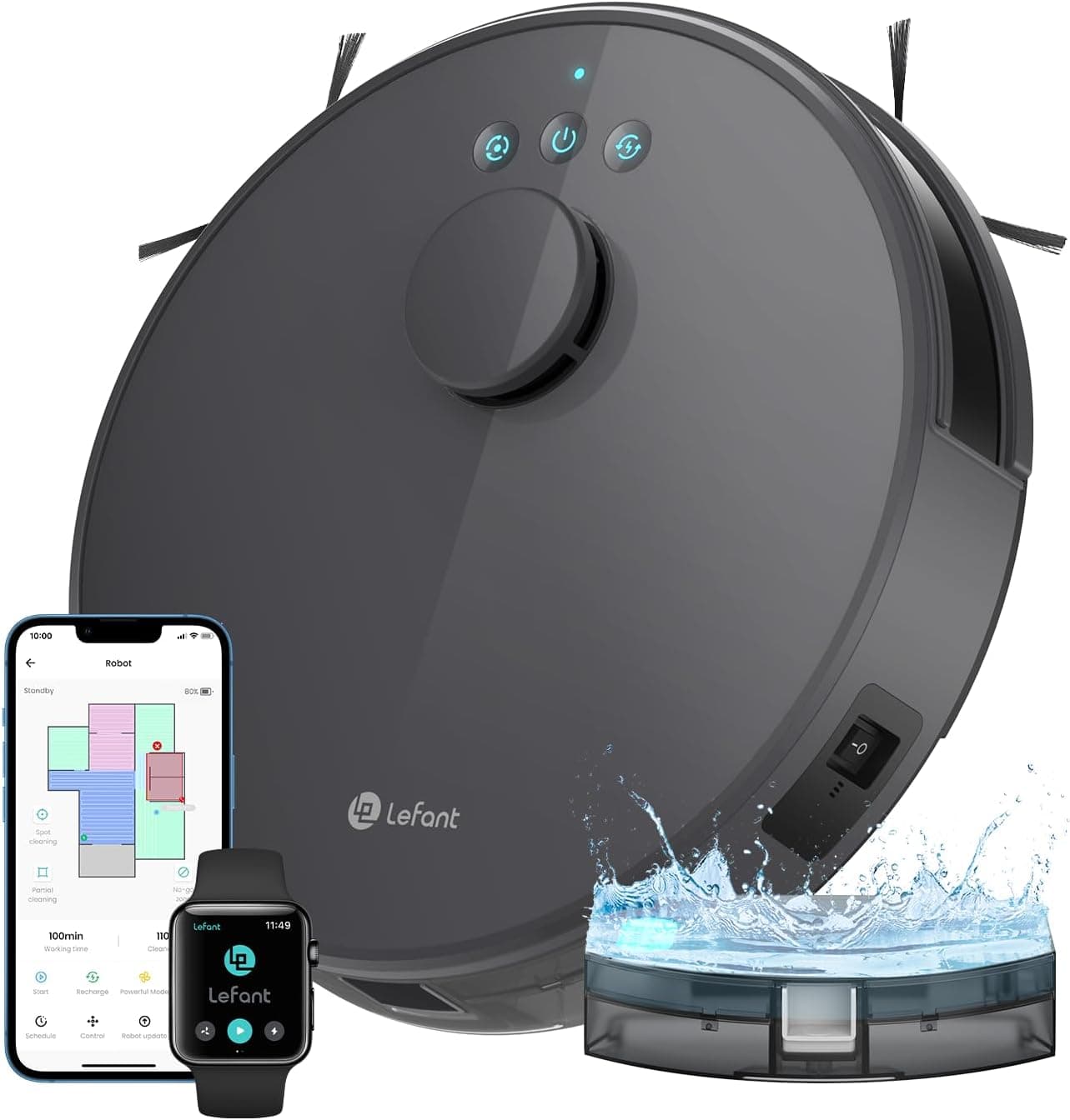 Lefant Robot Aspirateur Laveur 2 en 1, 5500Pa, Navigation LiDAR, 200 Min, Cartographie Multi-étage, Zones Virtuelles, APP/Alexa/WiFi, Idéal pour Poils d’Animaux, Tapis et Sols Durs, M1 Gris