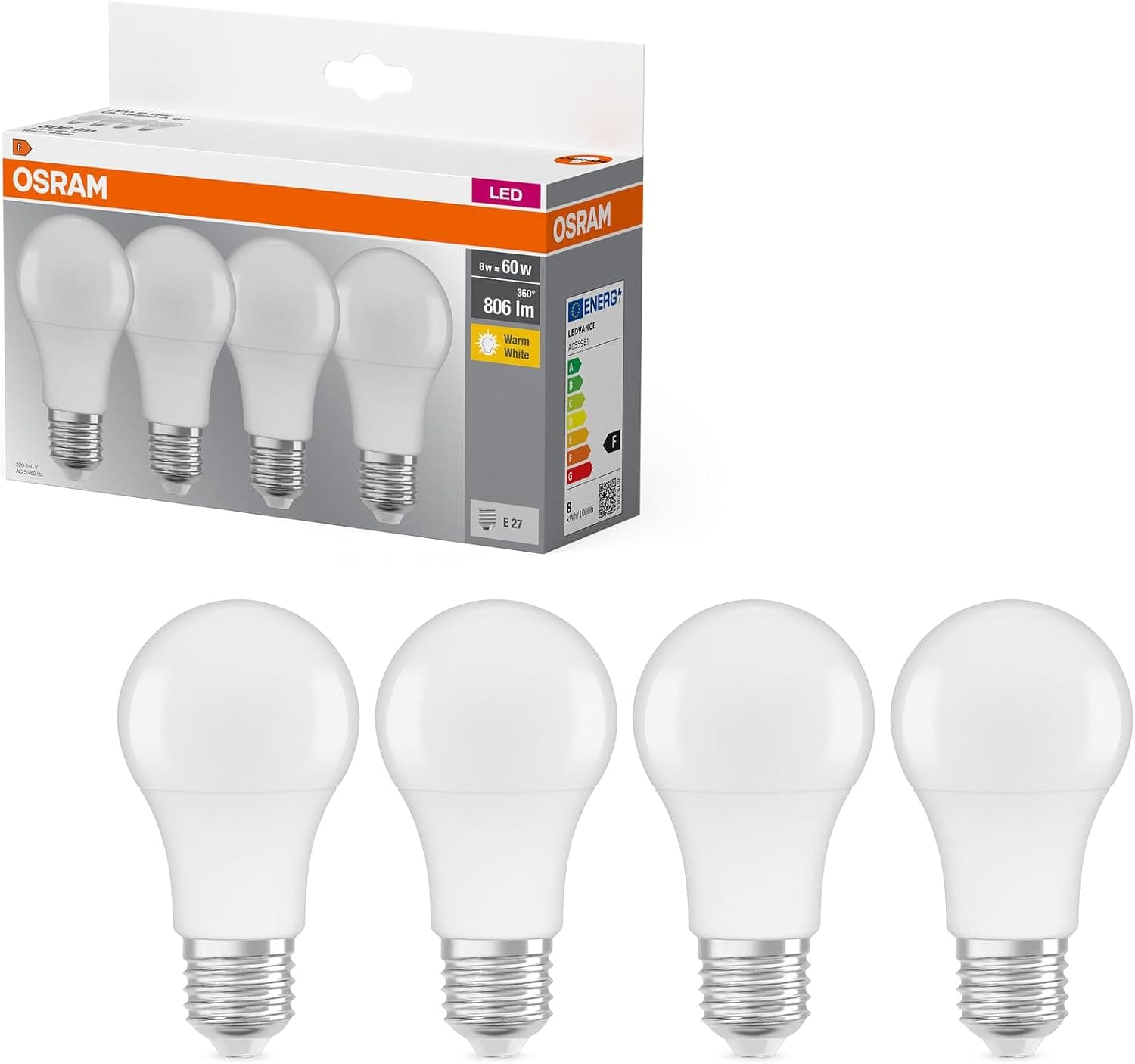 Osram Ampoule LED, Plastique, E27, 9 W, 2700K Blanc Chaud, 60W - Pack 4 units