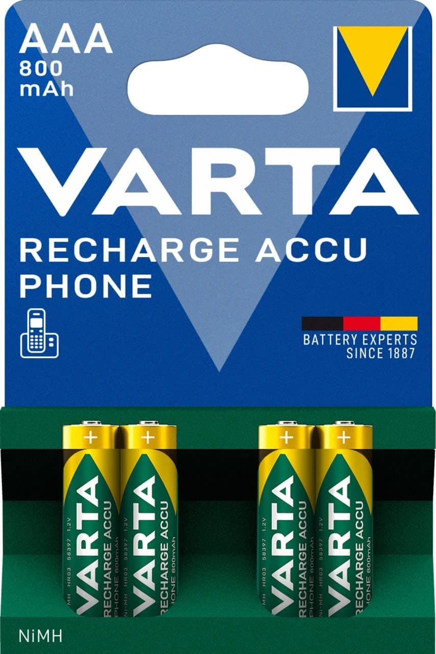 VARTA Piles AAA, rechargeables, lot de 4, Recharge Accu Phone, 800 mAh Ni-MH, prêtes à l'emploi, adaptées aux téléphones sans fil