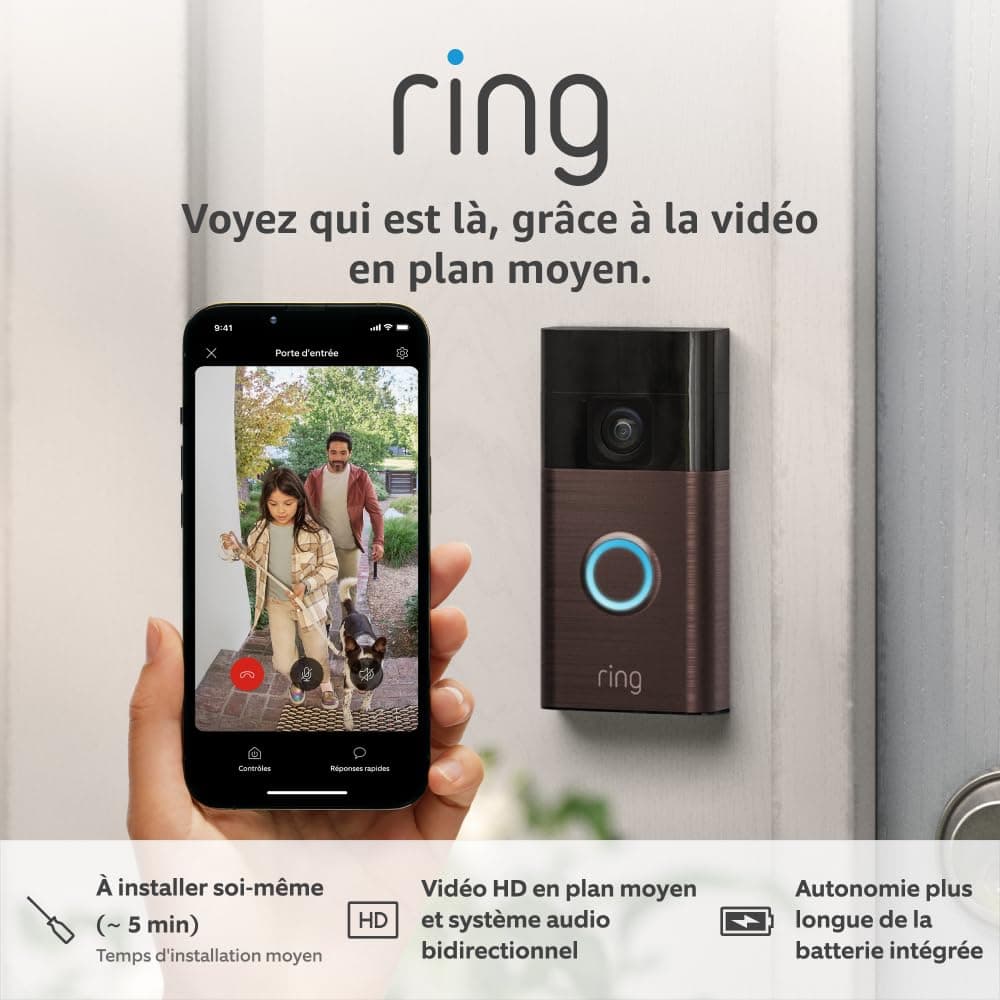Ring sonnette vidéo sans fil (Battery Video Doorbell) avec vidéo HD en plan moyen | Installation facile (5 min) par soi-même | avec batterie intégrée I Essai Ring Home gratuit 30 j.