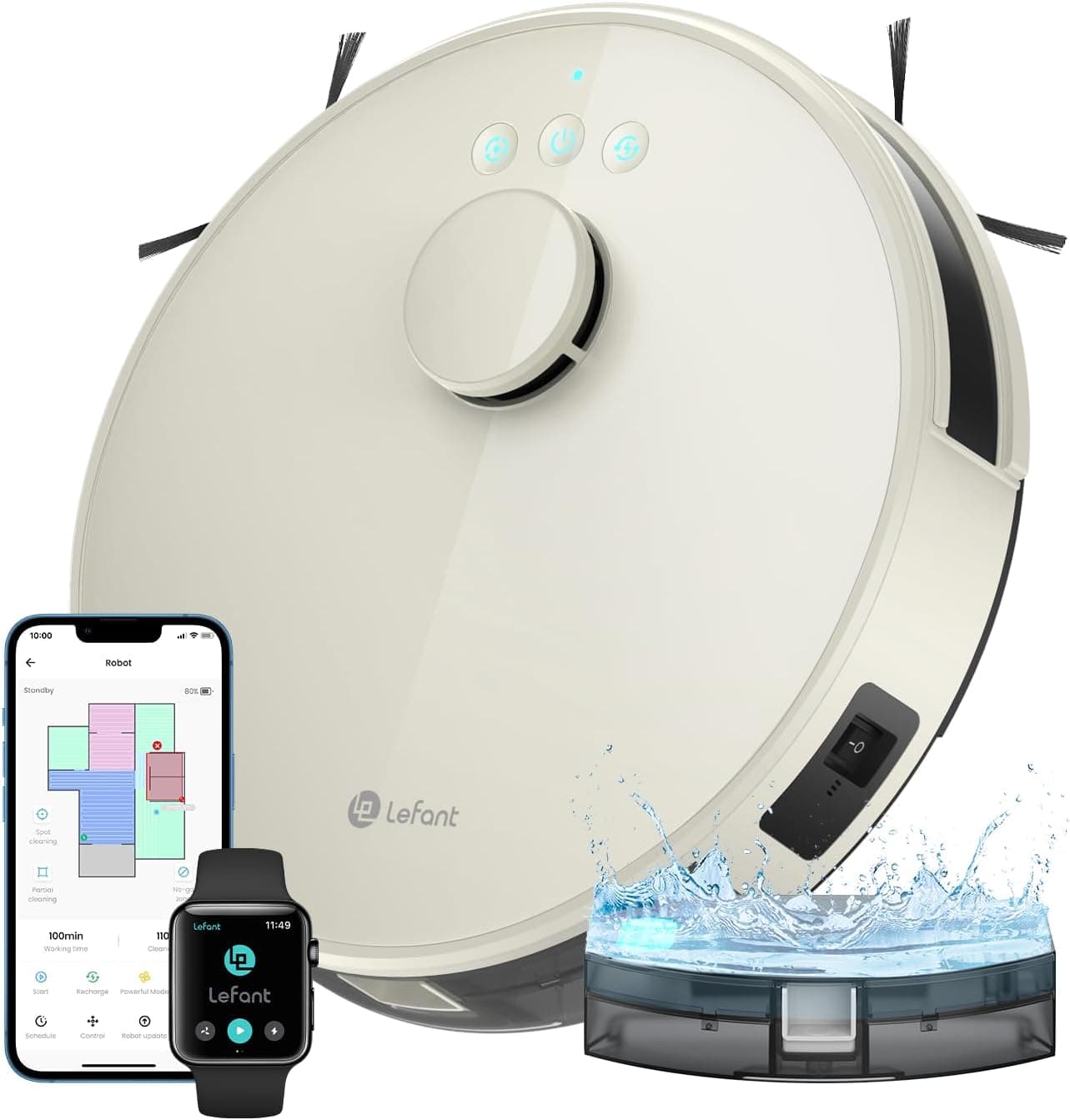 Lefant M1 Robot Aspirateur Laveur 2 en 1 5500Pa, Navigation LiDAR avec Cartographie Multi-étage, Zones Virtuelles, Commande Alexa/APP/WiFi, Idéal pour Poils d’Animaux, Tapis et Sols Durs, Champagne