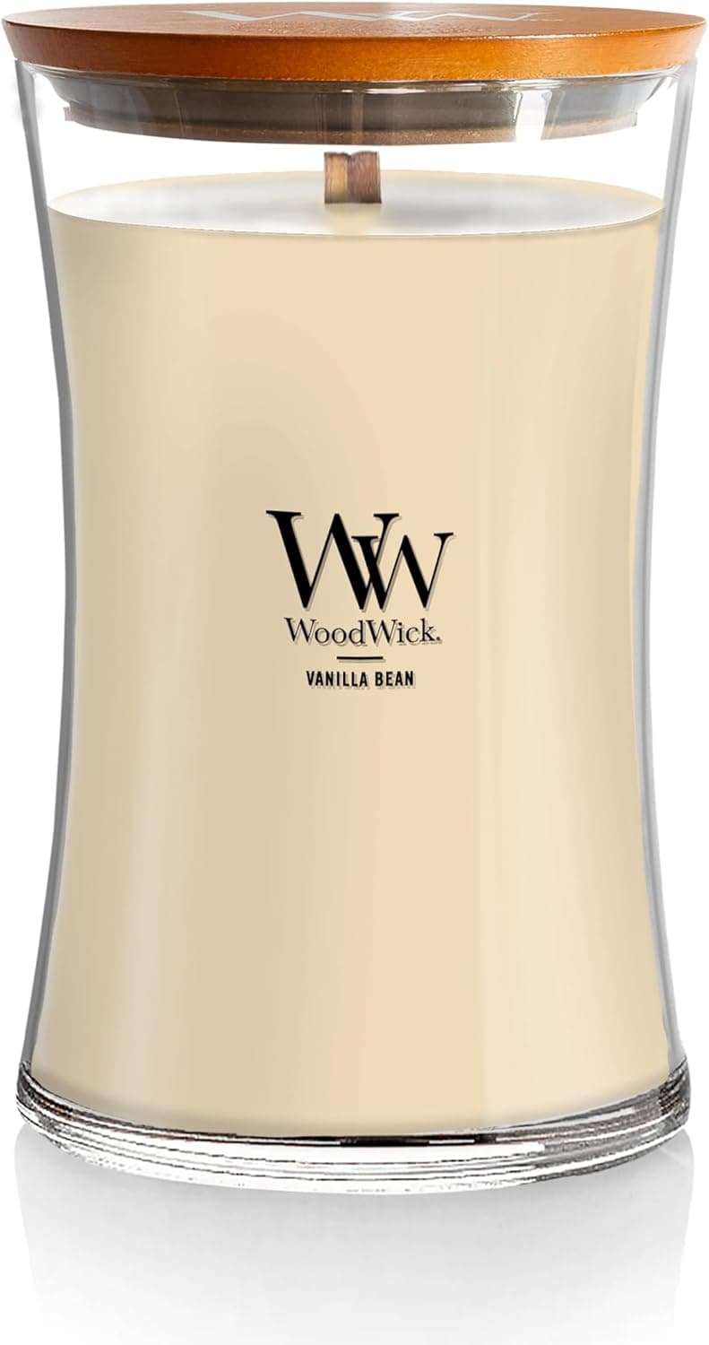 WoodWick Grande bougie parfumée en forme de sablier | Vanille | avec mèche crépitante | Longue durée de combustion : jusqu'à 130 heures | Cadeaux pour femmes