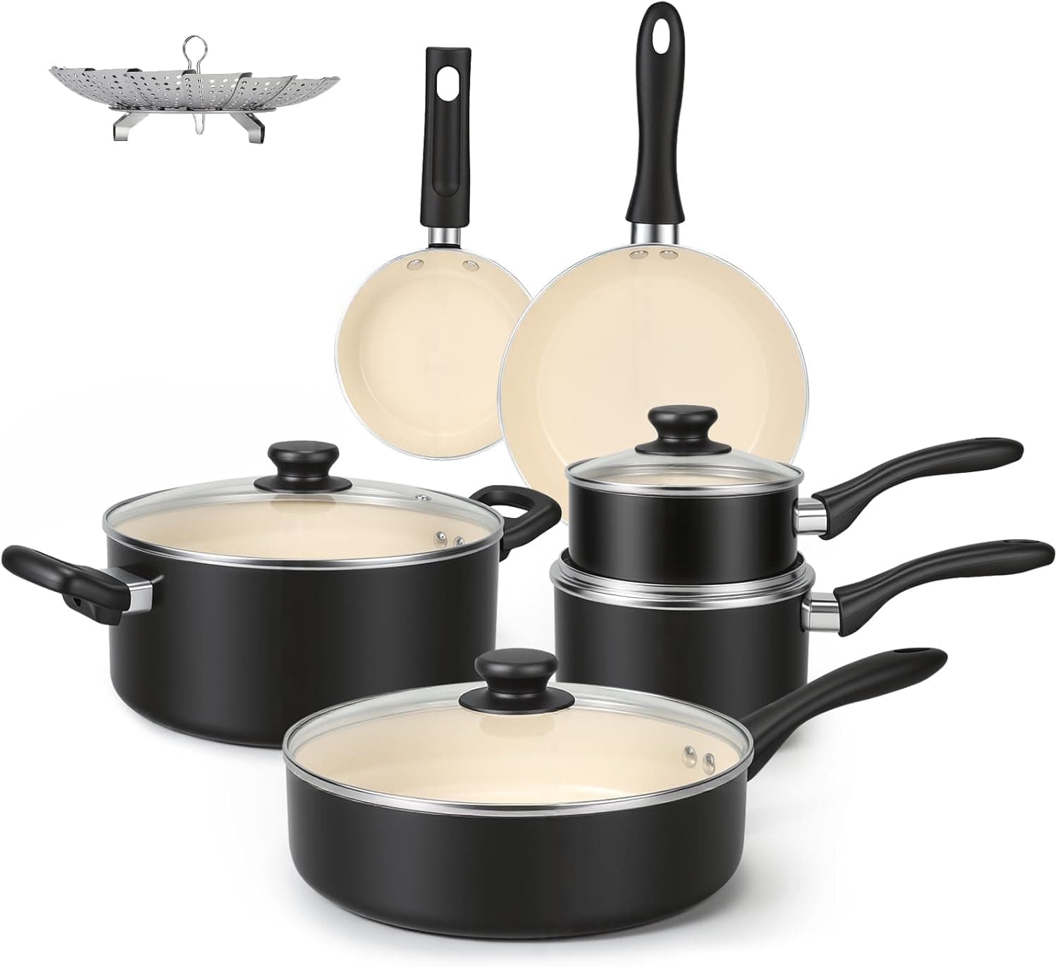 Amazon Basics 11 pièces ustensiles avec casseroles et poêles antiadhésives en céramique, noir et crème