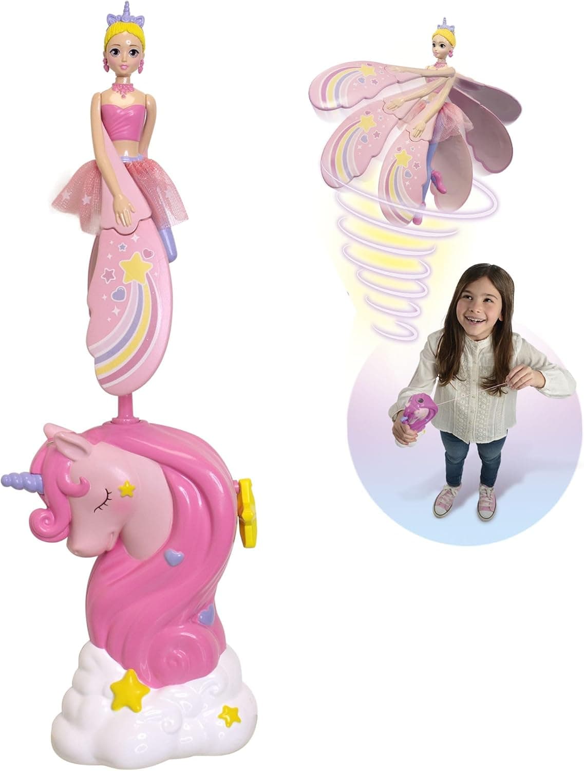 Lansay - Sky Dancers - Rainbow Rose - Poupée Fée Volante pour Enfants dès 6 Ans - Poupée Magique 18cm - S'Envole avec Un Lanceur Licorne sans Piles - Émerveillez Vos Enfants -Idée Cadeau Anniversaire