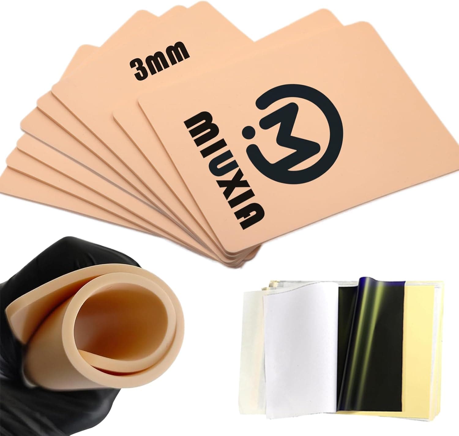 Lot de 18 peaux d'entraînement au tatouage de 3 mm avec papier transfert - Kit de 18 faux tatouages et papier calque comprenant 8 peaux épaisses en silicone double face et 10 pochoirs de