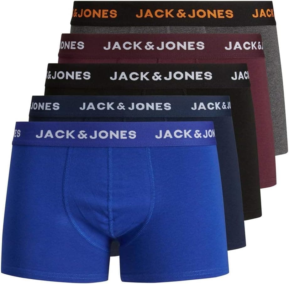JACK & JONES Ensemble de 5 Boxers Trunks pour Homme en Jersey Stretch - Lot de sous-vêtements Basiques