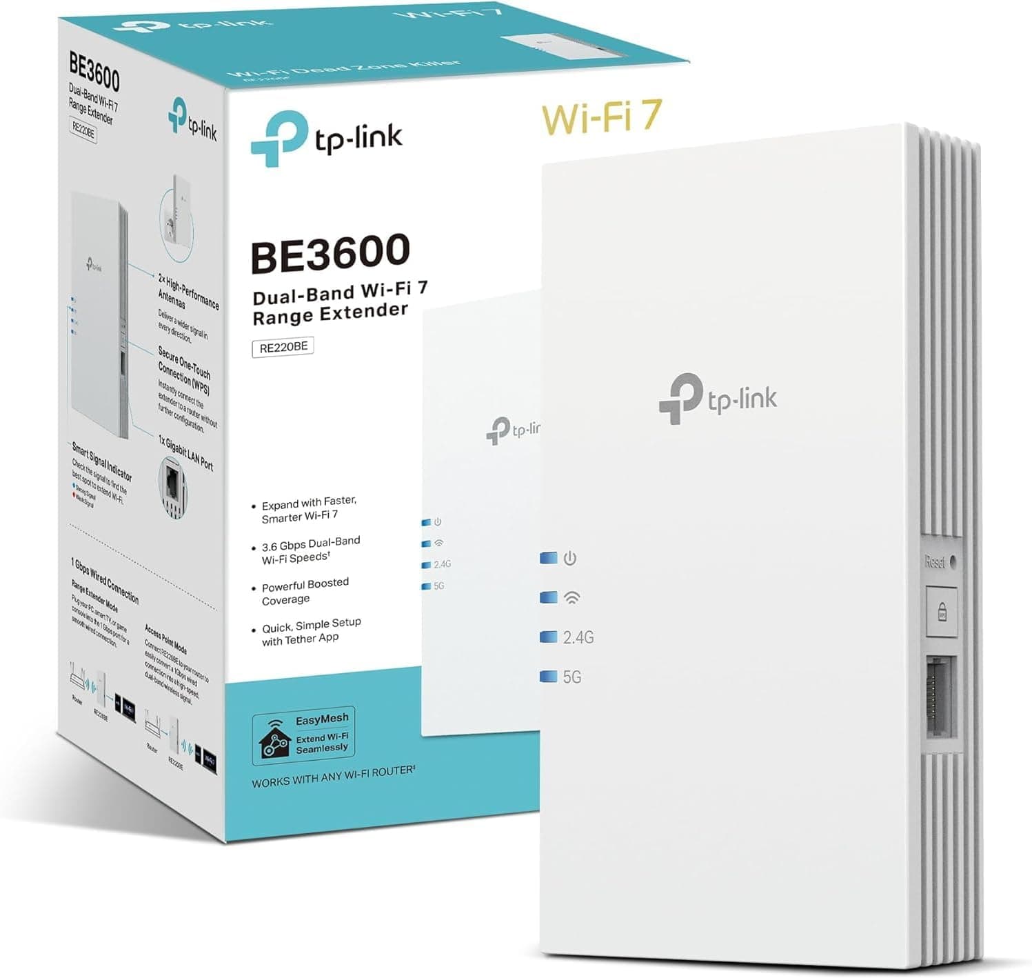 TP-Link Répéteur WiFi 7 Puissant 3600 Mbps Bi-Bande, Port Gigabit, RE220BE