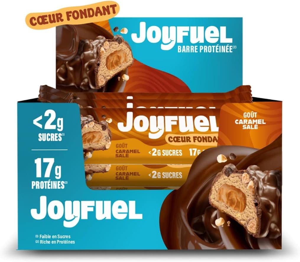 JOYFUEL - Barre Protéinée Cœur Fondant - Goûts Caramel Salé - <2g de sucre - 17g de protéines - 12 barres X 50g