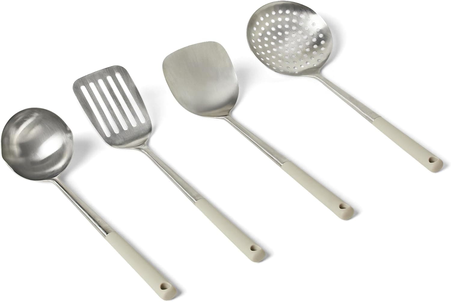 Amazon Basics Lot de Cuillères et Louches de Cuisine en Acier Inoxydable, Lot de 4 Pièces, Manche Ergonomique Souple, Compatible Lave-Vaisselle, Couleur Gris Lin