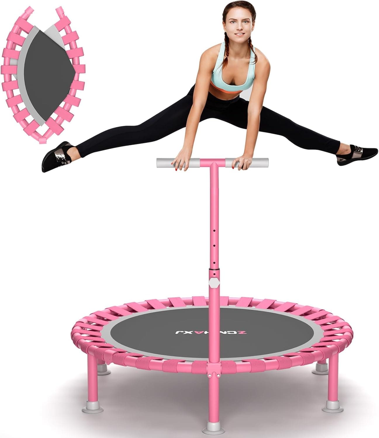 ZCMHAXJ Foldable Mini Trampoline, 40'' Rebounder Trampoline for Adults & Kids, 450lbs Capacity with/Without U/T-Shaped Adjustable Bar, Indoor Fitness Workout Exercise Equipment'