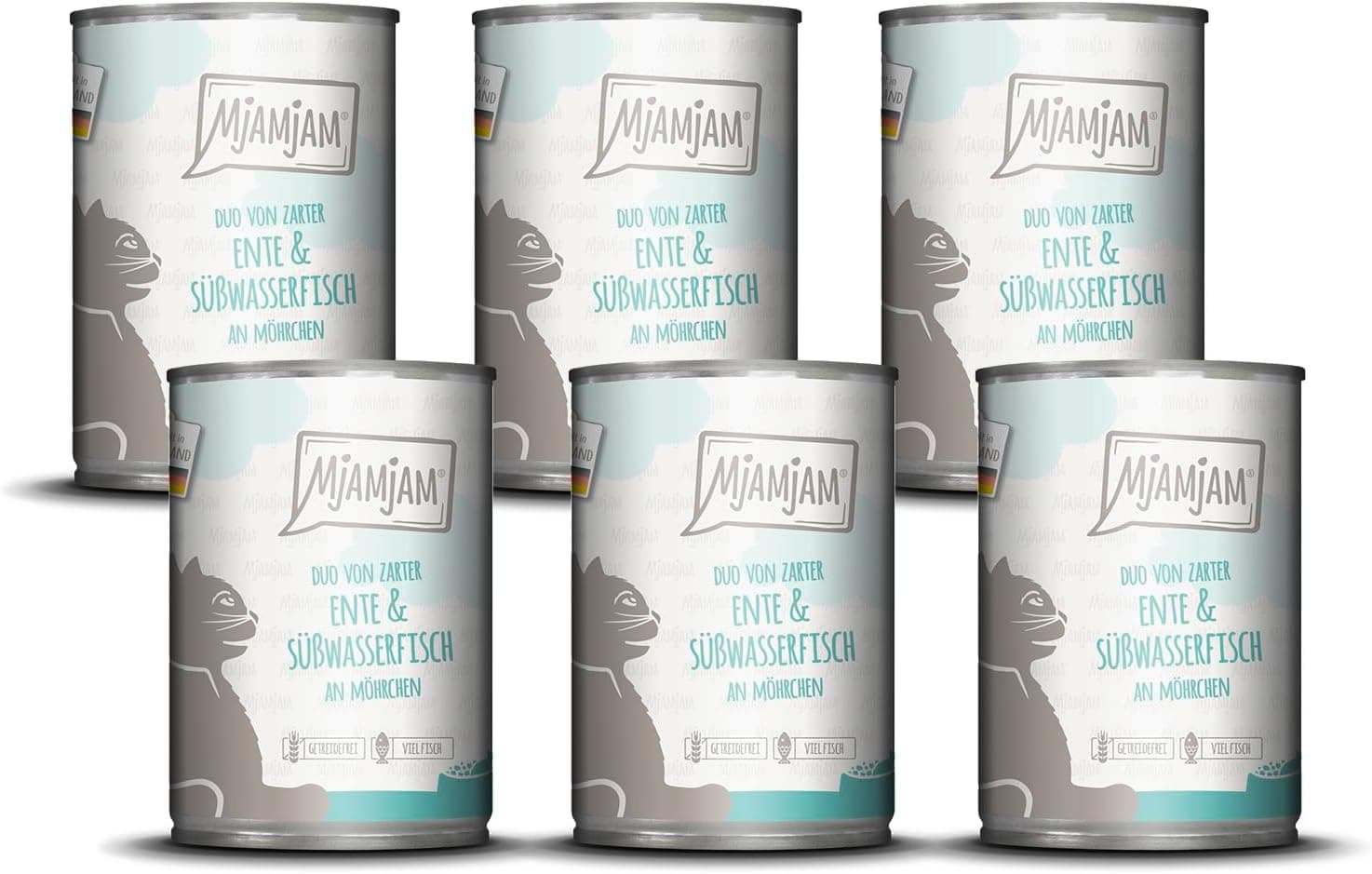 MjAMjAM - Nourriture Humide Premium pour Chats - Duo de Canard Tendre & Poisson d'eau Douce aux Carottes, Pack de 6 (6 x 400g), sans céréales avec Un supplément de Viande
