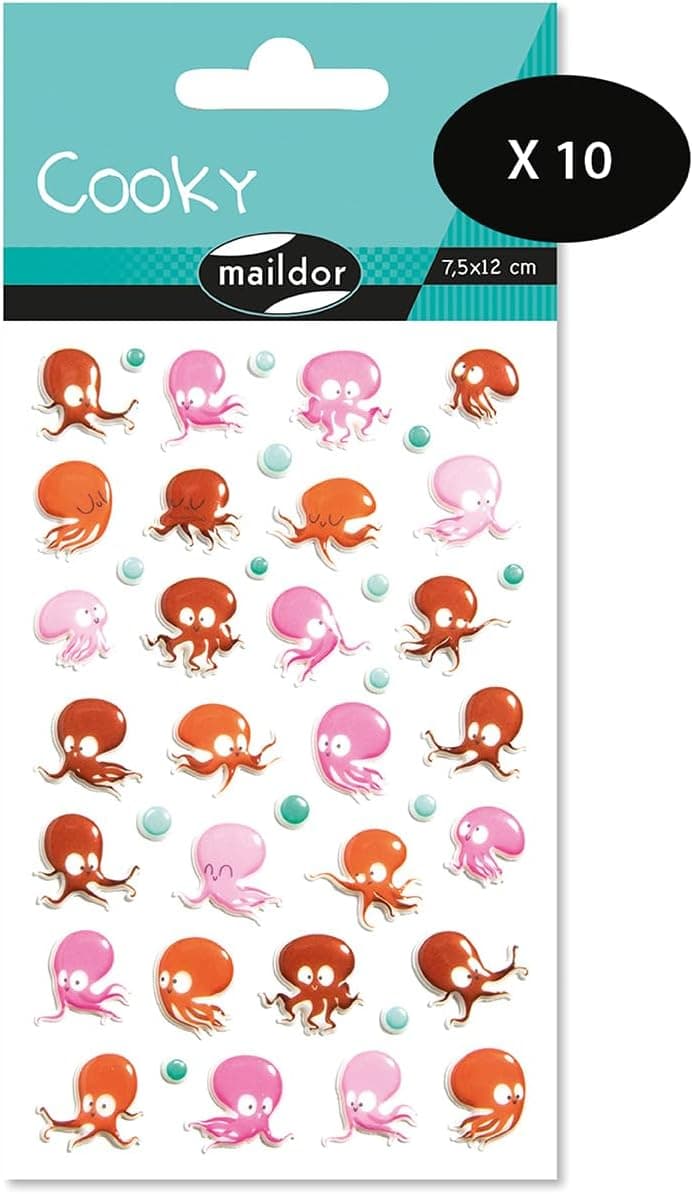 MY MANDARINE CY107Cpack - GOMMETTES 3D Cooky - LOT DE 10 planches 12x8 cm - 420 stickers - POULPES