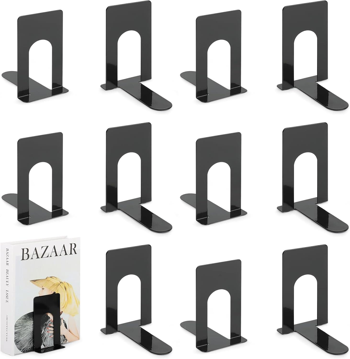 TOSAVGA 6 Paires(12 Pcs) Serre Livre, Serre Livres en Métal, Noir Cale Livre, 70 x 100 x 130 mm Serre-Livres, Cale Livre pour Bureaux, Maisons, écoles et Bibliothèques, Serre Livre Enfant