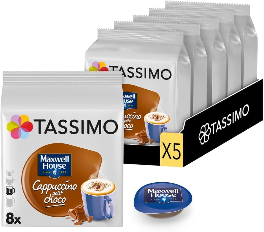 Tassimo, 40 Dosettes Cappuccino goût Choco Maxwell House, Généreux&Gourmand | Compatibles avec les machines TASSIMO, 40 Cappuccino goût choco, 5 packs de 8 dosettes
