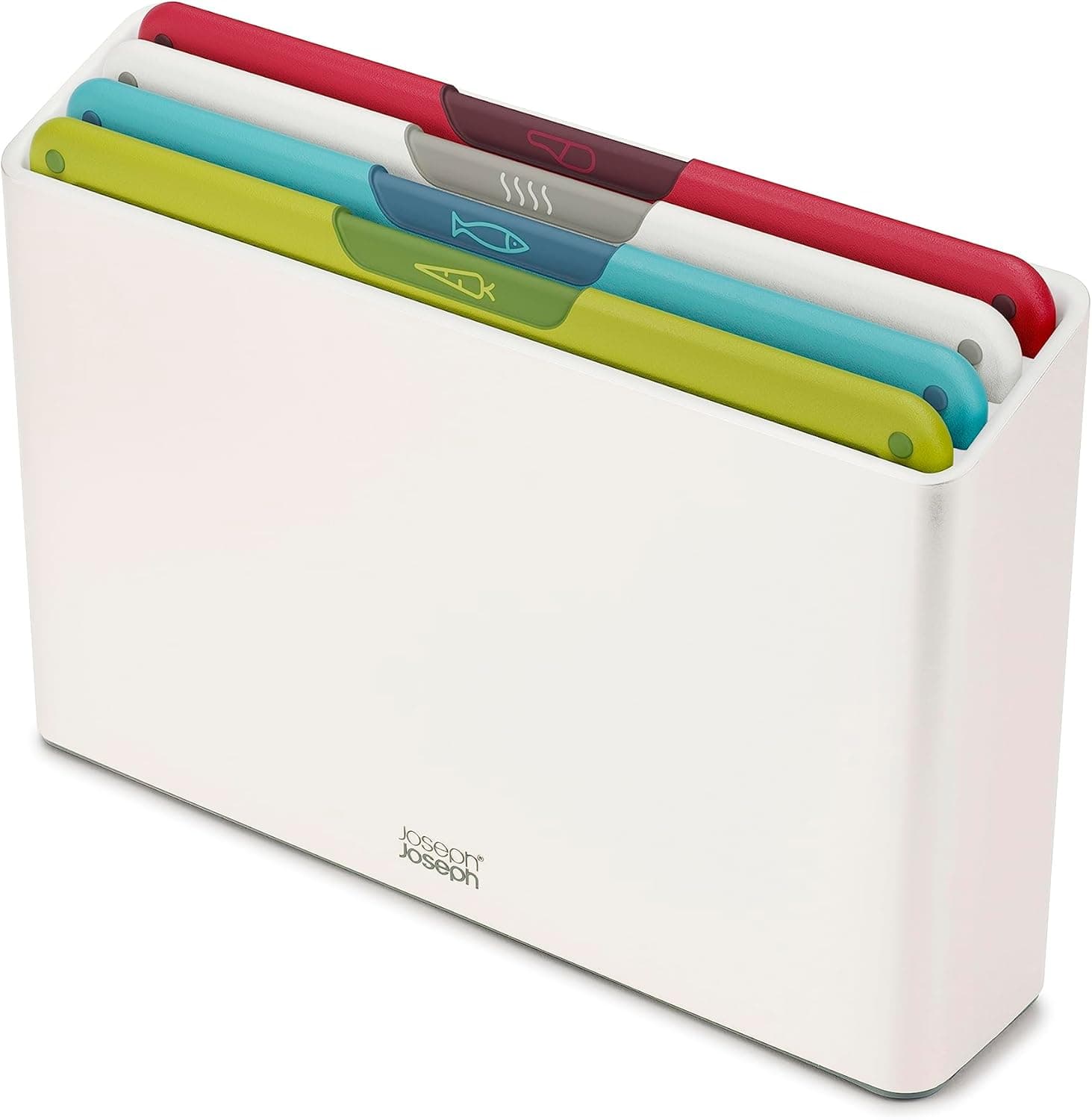 Joseph Joseph Folio Icon - Ensemble de 4 Planches à découper antidérapantes à Code Couleur avec étui de Rangement, Moyen, Blanc