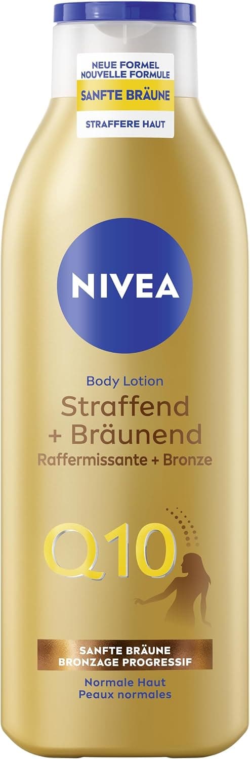 NIVEA Lotion corporelle Q10 raffermissante + bronzante (250 ml), lait corporel pour une peau plus ferme et une meilleure élasticité en 7 jours, crème corporelle avec Q10 pour un bronzage naturel