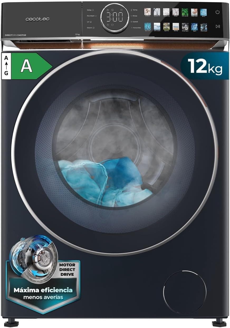 Cecotec Lave-linge 12Kg Frontal Bolero DressCode 12980 Direct Drive Blue A. 1400RPM, Moteur Direct Drive, Basse Consommation, Écran FullColor, Finitions Imitation Cuir, Porte XXL, Lumière UV et Vapeur