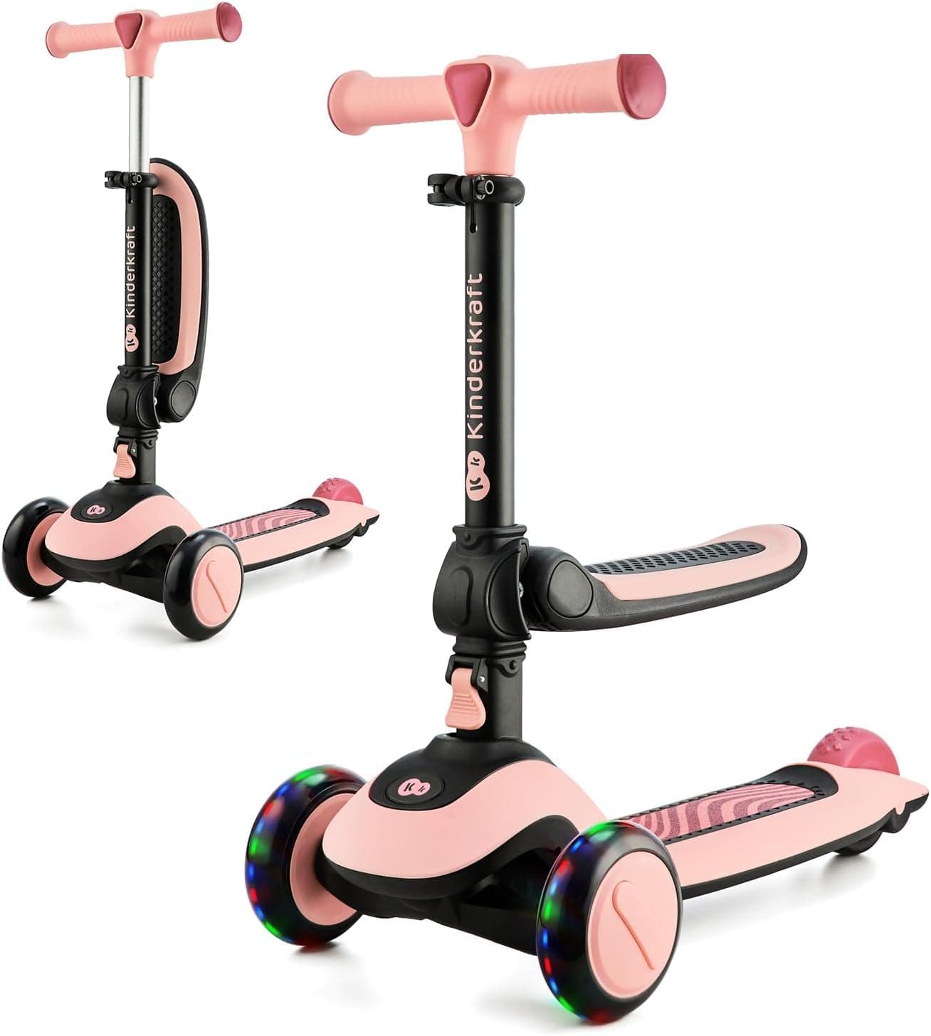 Kinderkraft Halley, Trottinette, Draisienne, Patinette, Scooter, Multifonctionnel, Moderne, Trois Roues, Réglable, LED Roues, Frein, 2 Ans jusqu'à 50 kg, Rose