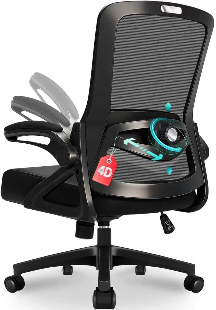 Milacyee Chaise de bureau, ergonomique, pivotante, avec support lombaire 4D réglable, accoudoirs pliables, fonction inclinable de 90 à 125 °, en maille jusqu'à 130 kg, noire