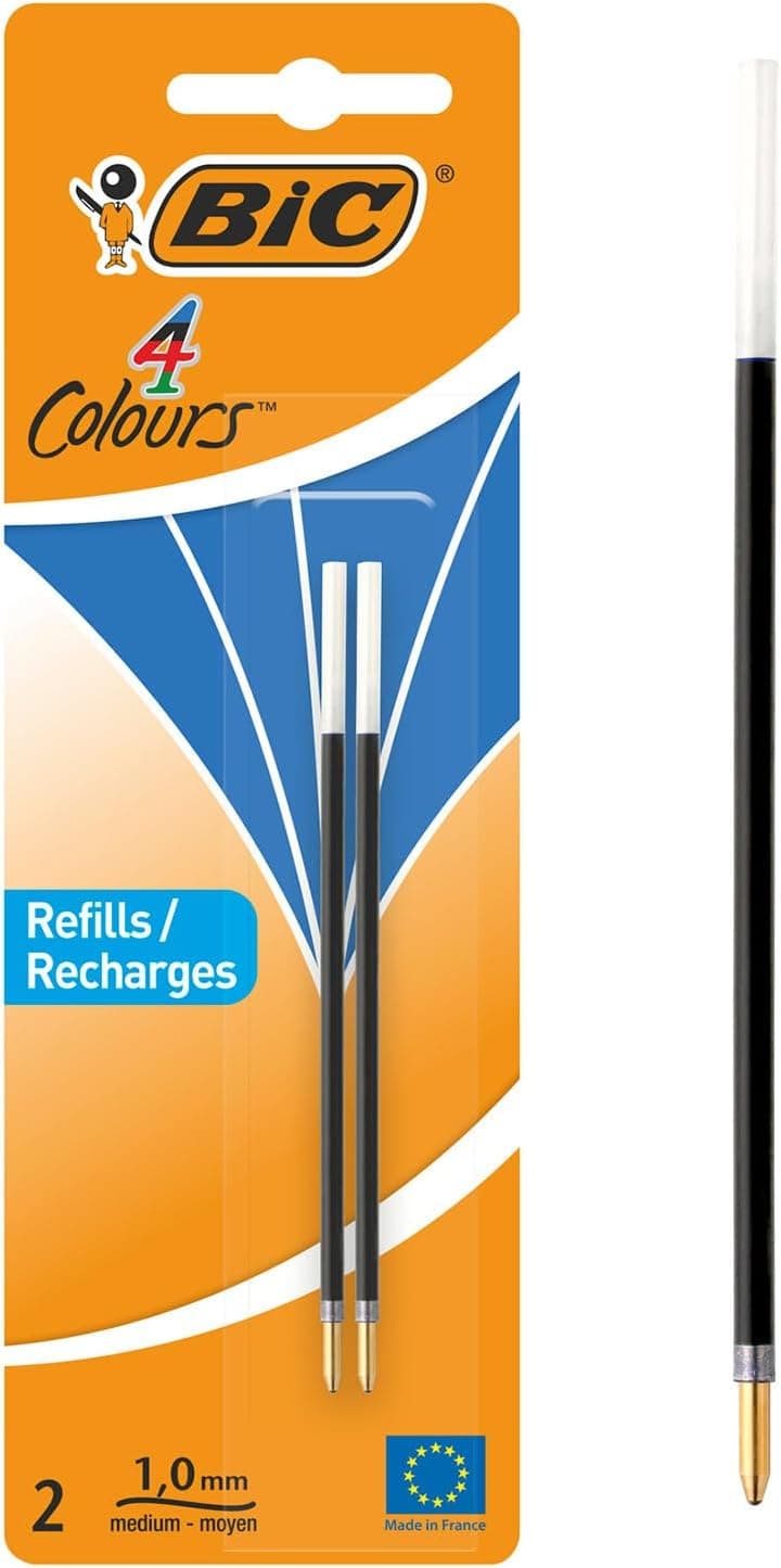 BIC 4 Couleurs - Recharges pour Stylo-Bille - Pointe Moyenne (1,0 mm) – Encre Bleue, Blister de 2