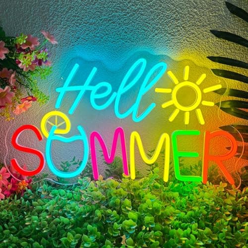 Enseigne lumineuse LED Hello Summer motifs citrons et éléments de soleil