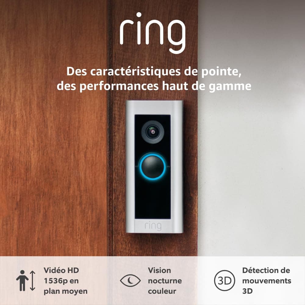 Ring Sonnette vidéo Pro filaire (anciennement Video Doorbell Pro 2) | Sonnette extérieure avec caméra, vidéo 1536p HD en plan moyen, détection de mouvements 3D, wifi | Essai Ring Home gratuit 30 j.