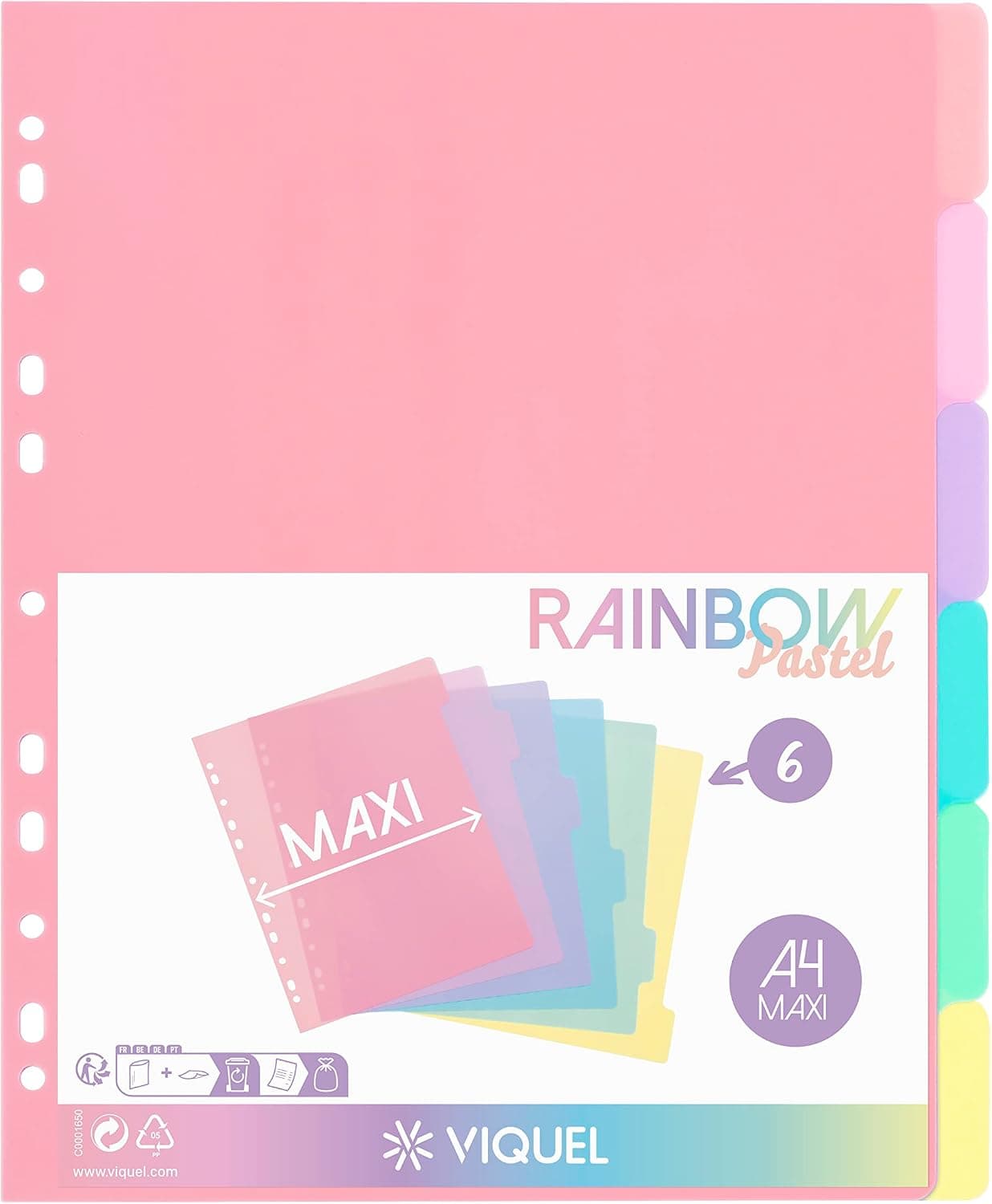 Viquel - Lot de 6 intercalaires en plastique Rainbow Pastel - Maxi format (24,5x30,5cm) - Pour classeur A4 Maxi format ou classeur à levier - Coloris pastel