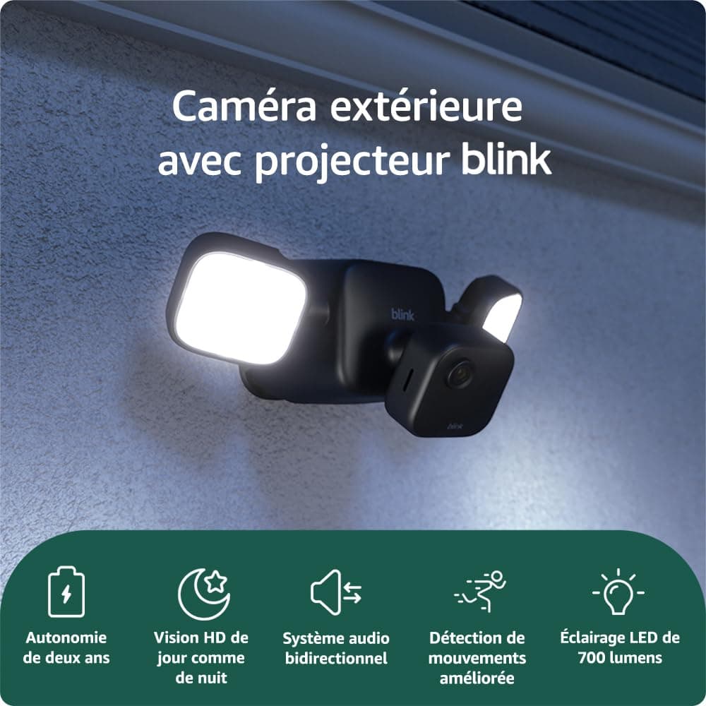 Caméra extérieure avec projecteur Blink (nouvelle génération) | Caméra de surveillance connectée sans fil, LED de 700 lumens | Module de synchronisation de base inclus