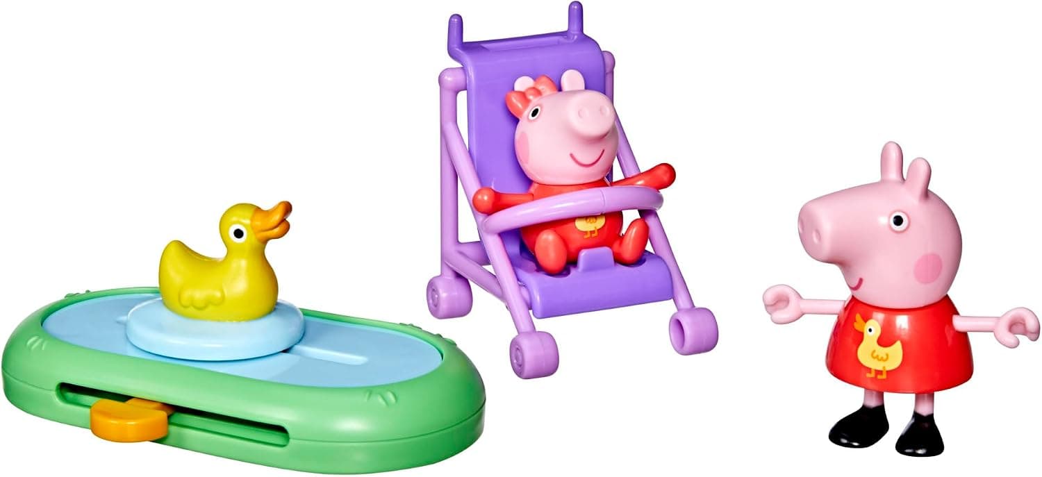 Peppa Pig, Coffret Peppa et Evie au Parc, Jouet Interactif pour Filles, Ensemble de Jouets avec 2 Figurines Articulées, Poussette et Mare aux Canards, Jouet Dès 3 Ans