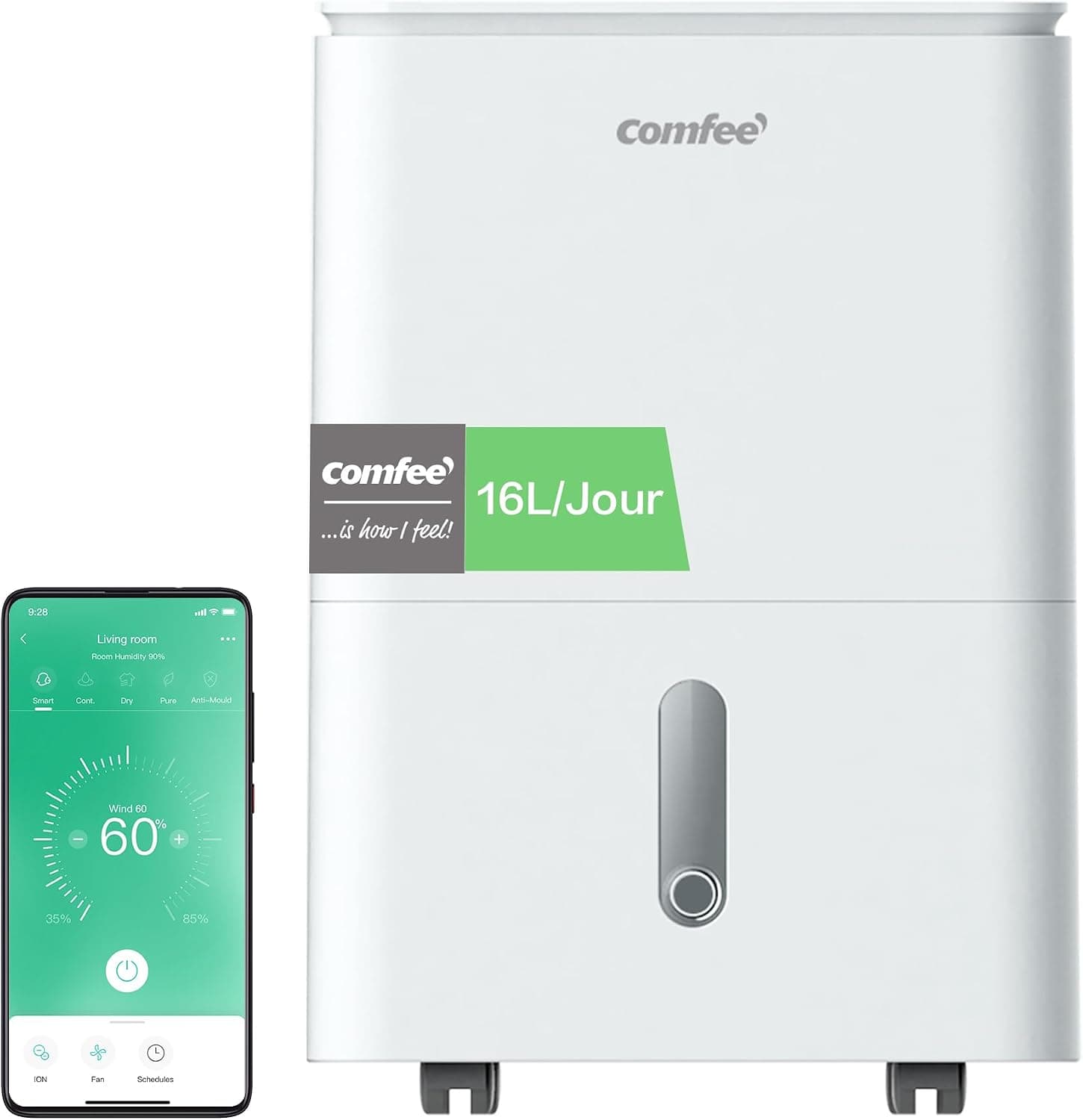 COMFEE' Déshumidificateur 2-EN-1,Elimine l'humidité jusqu'à 16L-Jour, Purification d'air avec ioniseur, 4 Modes, Fonction Air Swing, Contrôle APP, Idéal pour pièces de 29-44㎡, Easy Dry 16