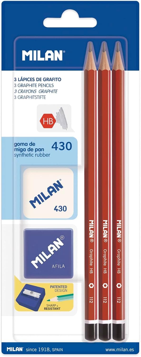MILAN - 3 crayons graphite hexagonaux HB, gomme et taille-crayons