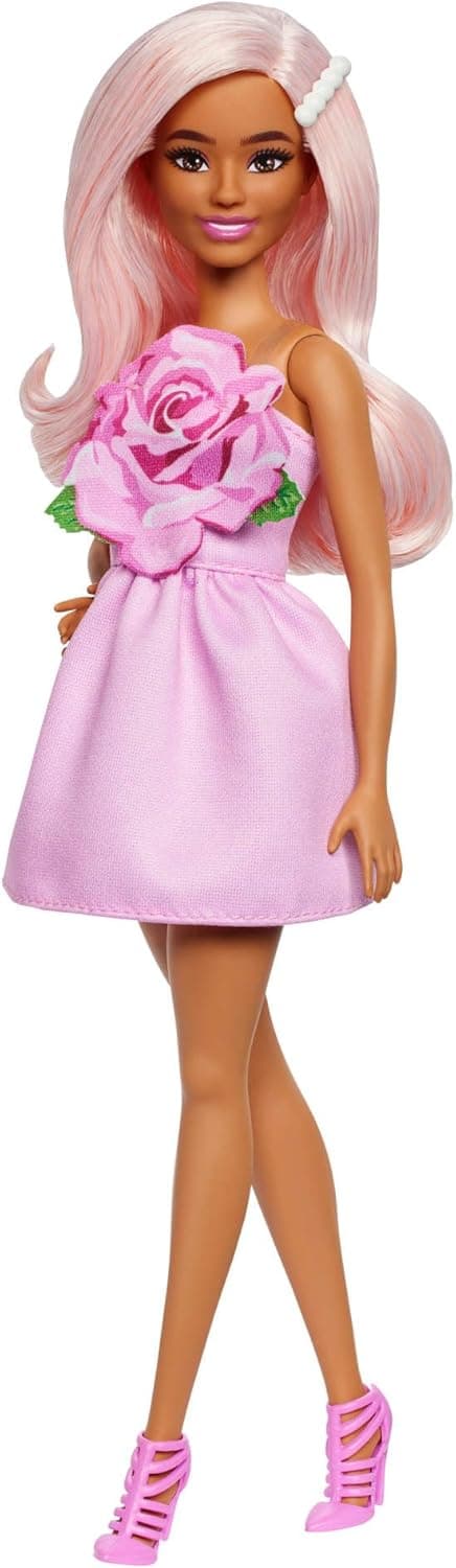 Barbie Poupée Barbie Fashionistas Robe Sans Bretelle Rose avec cheveux roses pastel, barrette et chaussures à talons et brides roses,HYT94