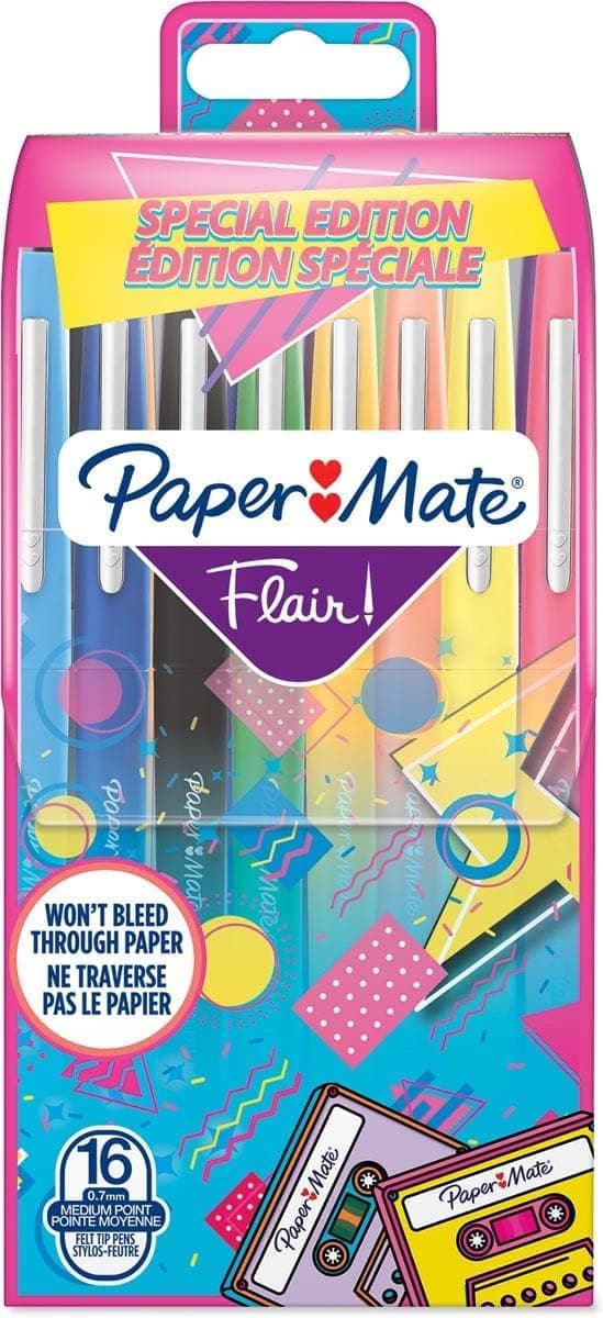 Paper Mate Flair Stylos feutres | Feutres de coloriage sans fuite à pointe moyenne (0,7 mm) | Idéal pour écrirecoloriage (adultes et enfants) scrapbookingetc. | Couleurs retro | Lot de 16