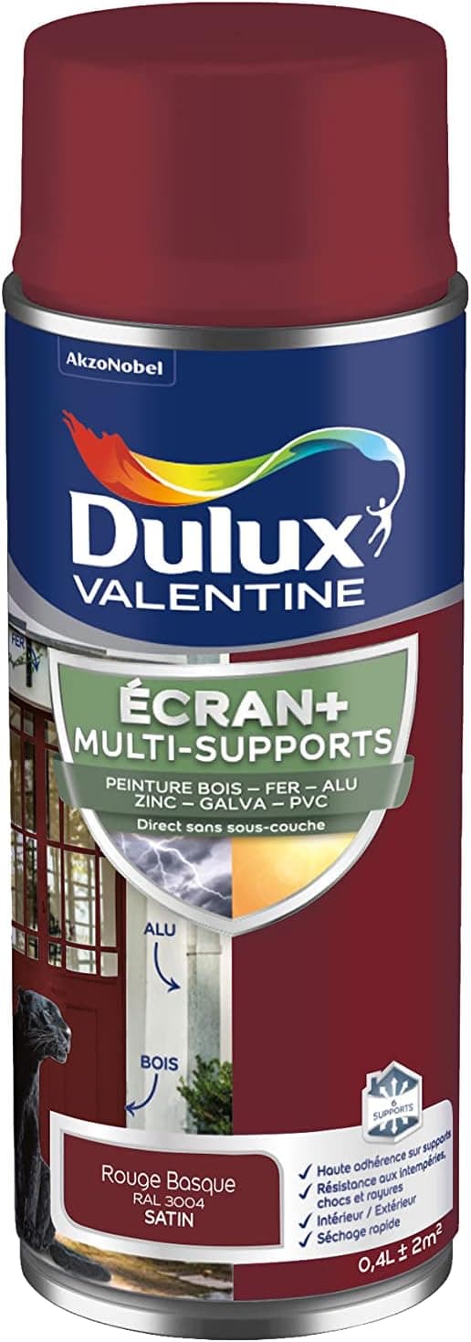 Dulux Valentine ECRAN+ MULTI-SUPPORTS EXTERIEURE - Peinture en Phase Aqueuse pour l'Éxtérieur et l 'Intérieur - Satin Rouge Basque aérosol 400 ml