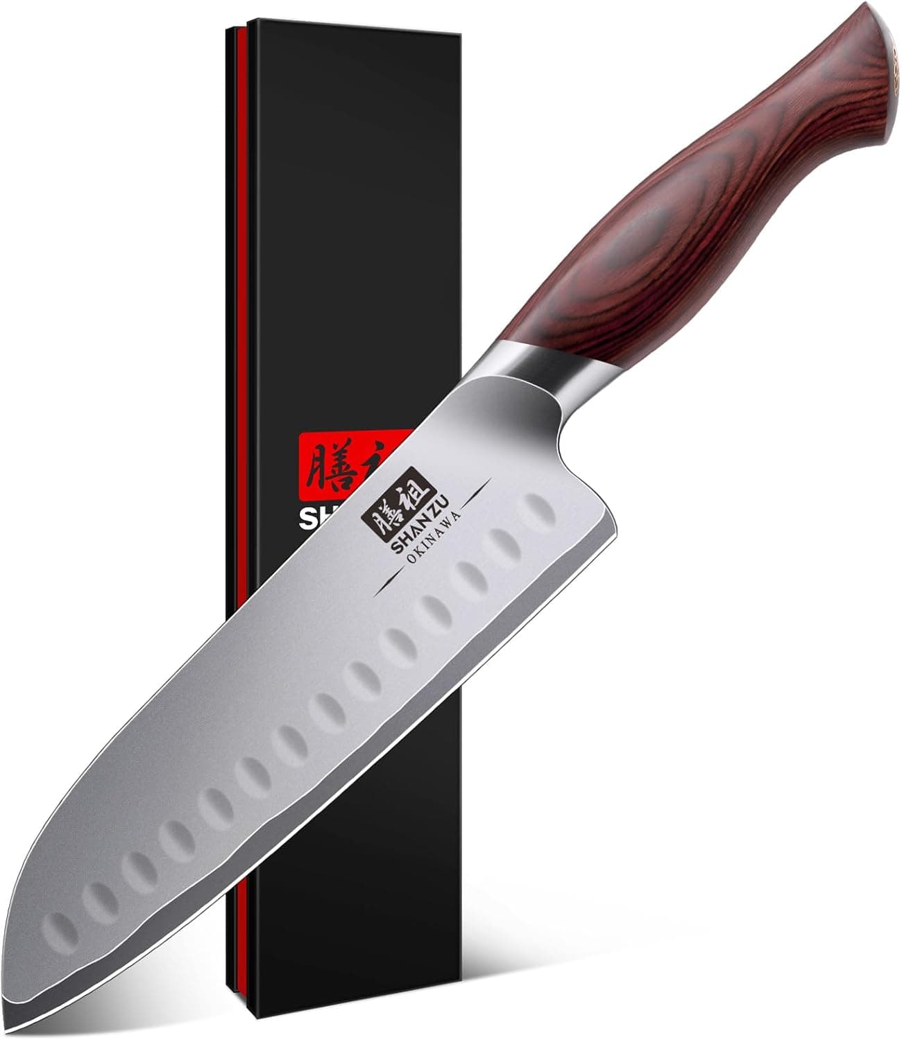 SHAN ZU Couteau de Cuisine Santoku 18 cm, Lame Ultra-tranchante à 12°, Acier Super Dur Japonais 10Cr15MoV(62HRC) et Manche Ergonomique en Bois de Pakka