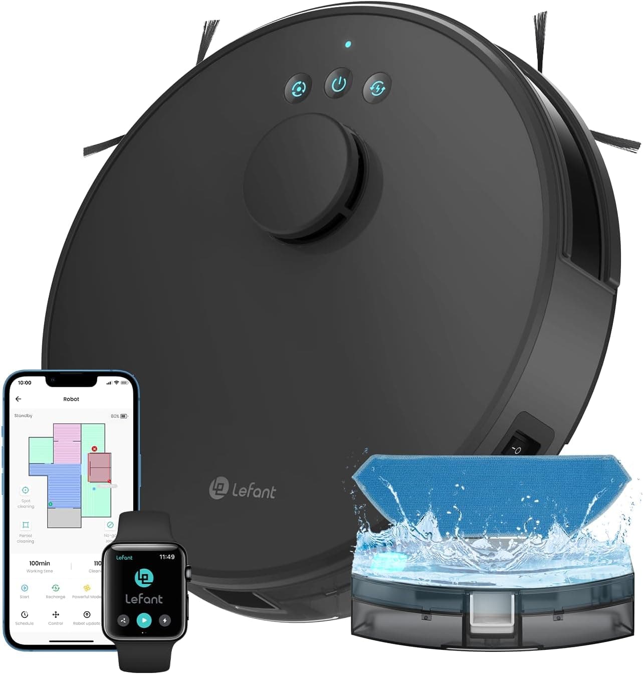 Lefant M1 Robot Aspirateur Laveur 2 en 1, 5500Pa, Navigation LiDAR, Noir