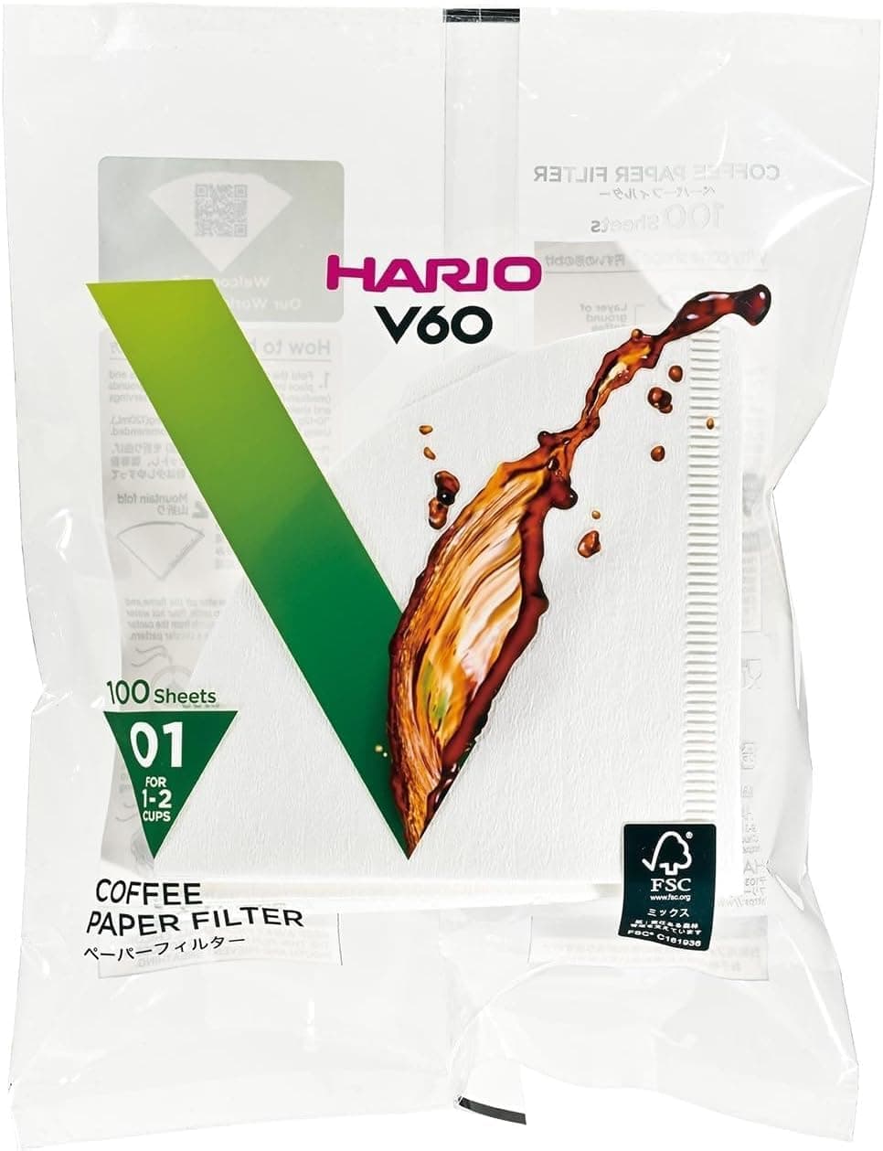 Hario VCF-01-100W Lot of 100 Coffee Paper Filters for V60, Size 01, blanc