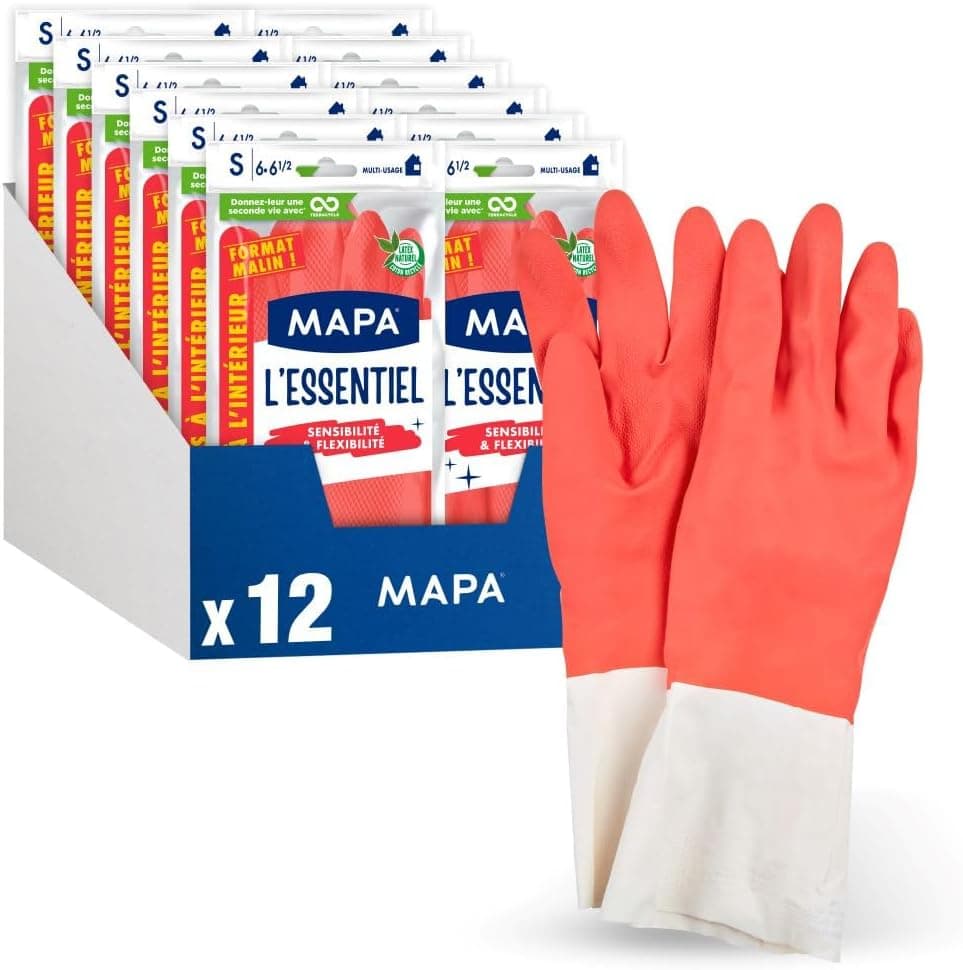 Mapa Spontex MAPA - L'Essentiel - 24 Gants de Ménage en Latex intérieur Fibres de Coton - Sensibilité et Flexibilité - Revêtement antidérapant - 12 pack de 2 paires - Taille S