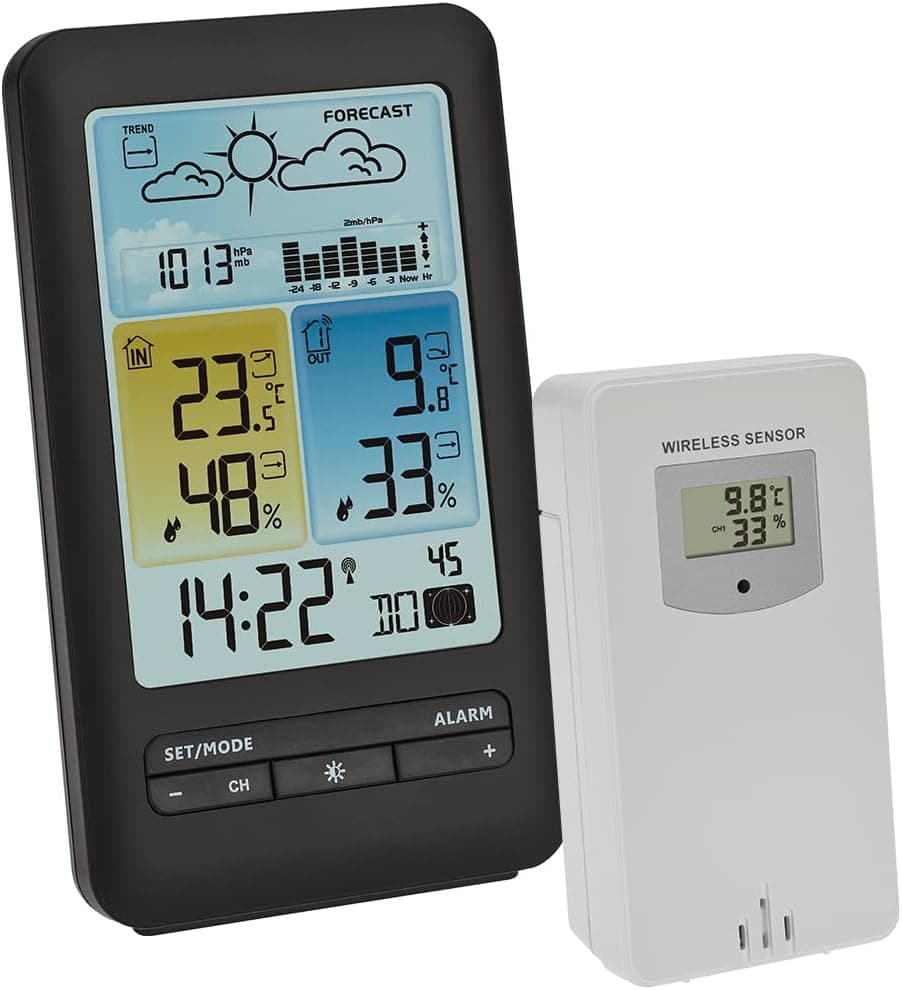 TFA Dostmann Station météo sans fil, 35.1165.01, prévisions météo avec symboles, pression atmosphérique avec graphique, phase de lune, horloge, valeurs max et min, en exclusivité sur Amazon, noir