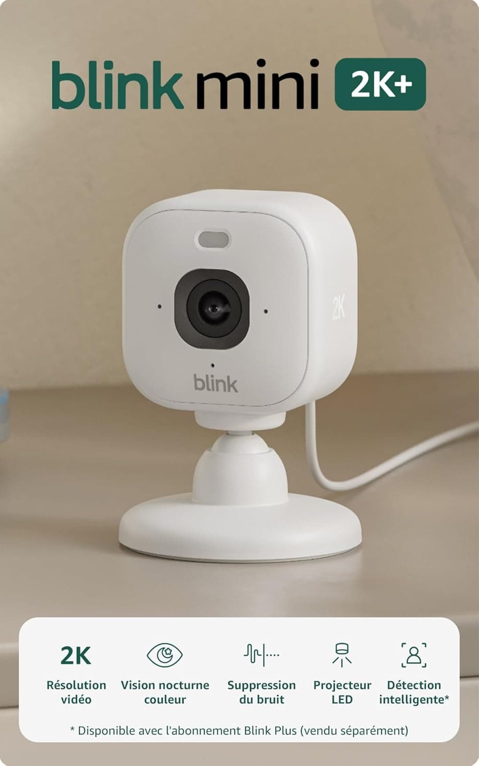 Caméra Mini 2K+ Blink (nouvelle génération) | Caméra de surveillance à domicile sur secteur avec résolution vidéo 2K, zoom 4x, vision nocturne couleur | Fonctionne avec Alexa | 2 caméras – Blanc