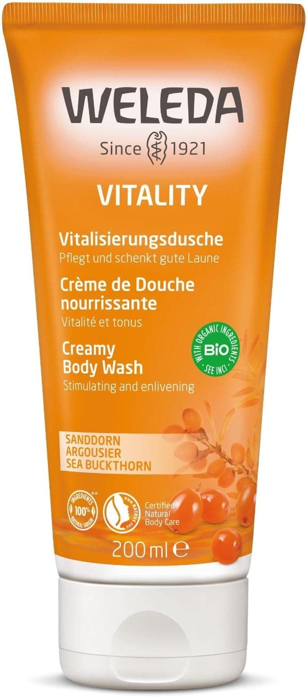 WELEDA - Crème de douche nourrissante à l'Argousier - Tonus et vitalité - convient aux peaux sèches et sensibles - NATRUE* - Vegan** - 200 ml