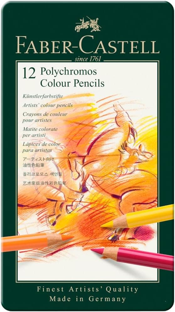 Faber-Castell 110012 Crayon Polychromos boîte métal de 12 pièces Multicolore | 12 crayons avec mine de 3,8 mm, pigments sans acide, couleurs très vives, dans un étui métallique