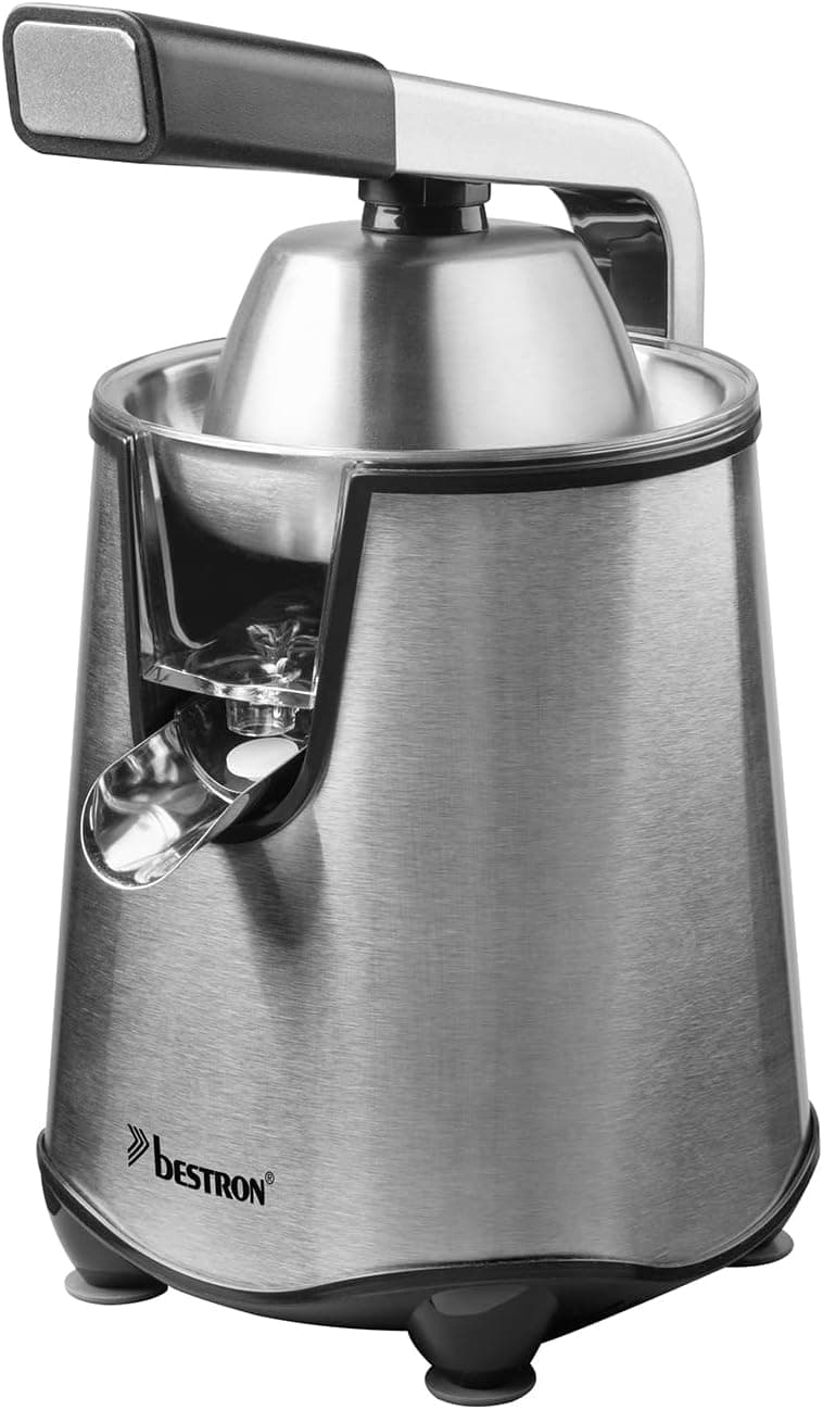 Bestron Presse-agrumes électrique, presse-agrumes orange avec fonction arrêt du bec verseur et infuseur à fruits en acier inoxydable avec 2 cônes capacité 450 ml, levier de pression souple pour une