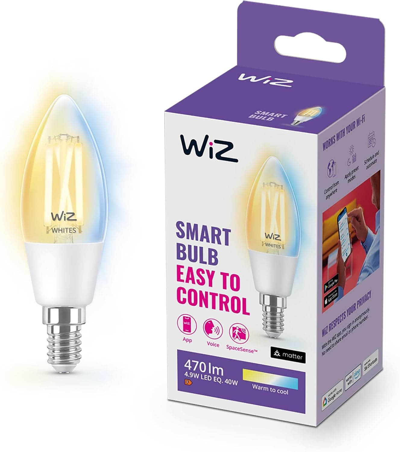 WiZ ampoule LED Connectée Wi-Fi, claire, Flamme E14, Nuances de Blanc, équivalent 40W, 470 lumen, fonctionne avec Alexa, Google Assistant et Apple HomeKit