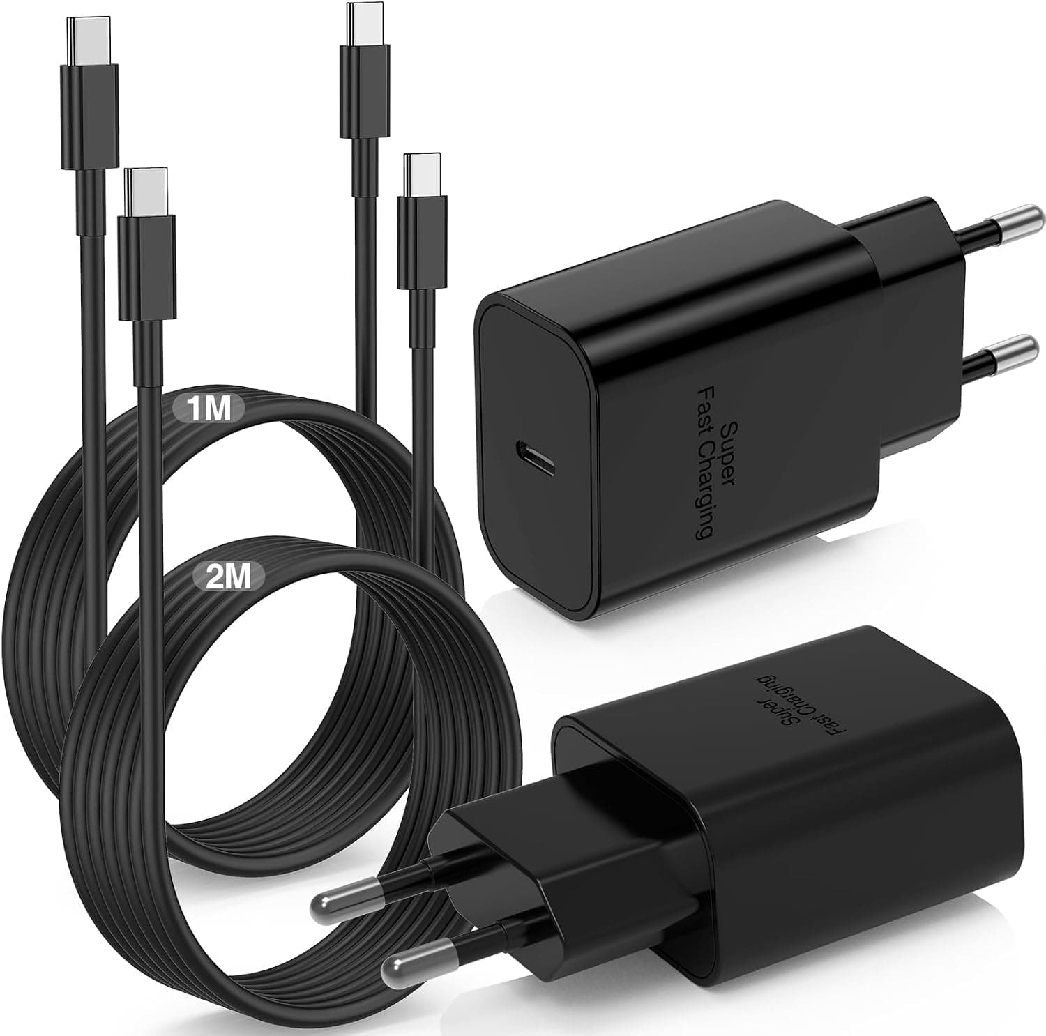 45W Chargeur USB C Samsung Charge Rapide avec Type C Câbles de 1M+2M USB C Câble pour Samsung Galaxy S25/S24/S23/ Apple iPhone 17 Pro Max/17 Air/16 Plus/15/iPad/Mini, USB C Prise Adaptateur Secteur