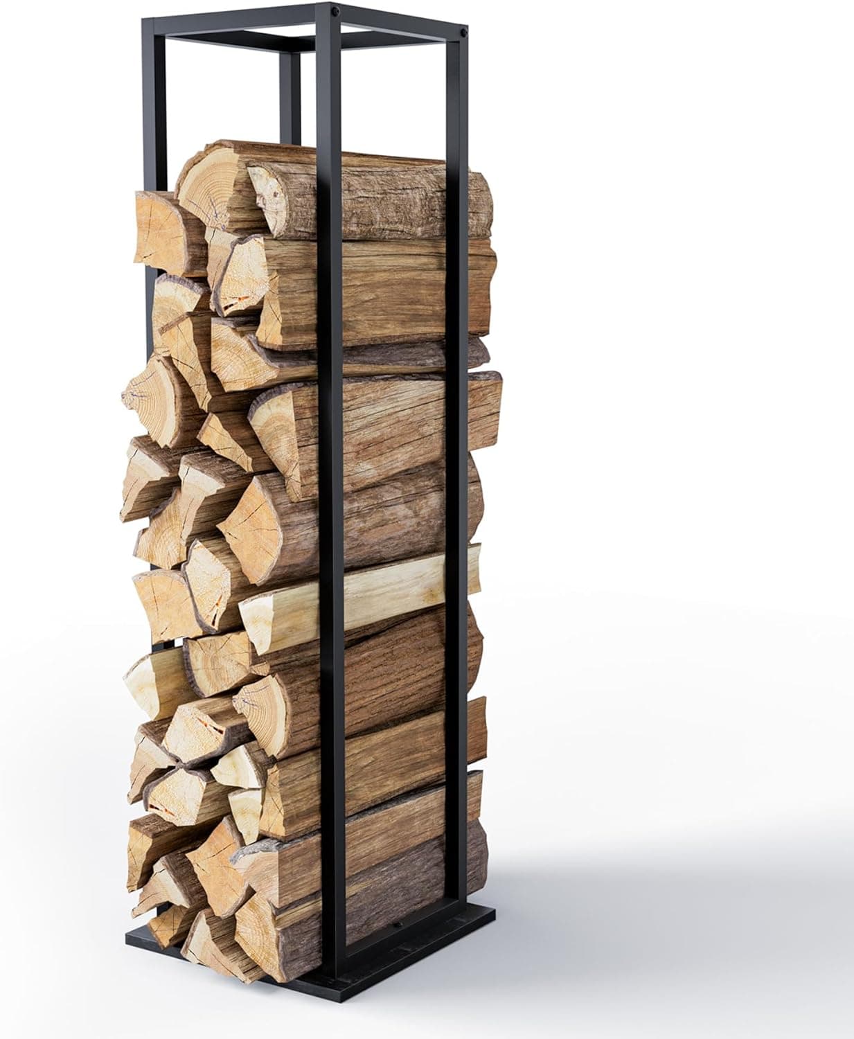 vounot® Range Bûches Vertical 33 x 33 x 112cm en Métal Porte Bûches Cheminée avec étagère Support Bois de Chauffage Stable et Compact pour Utilisation Intérieure Extérieure Noir