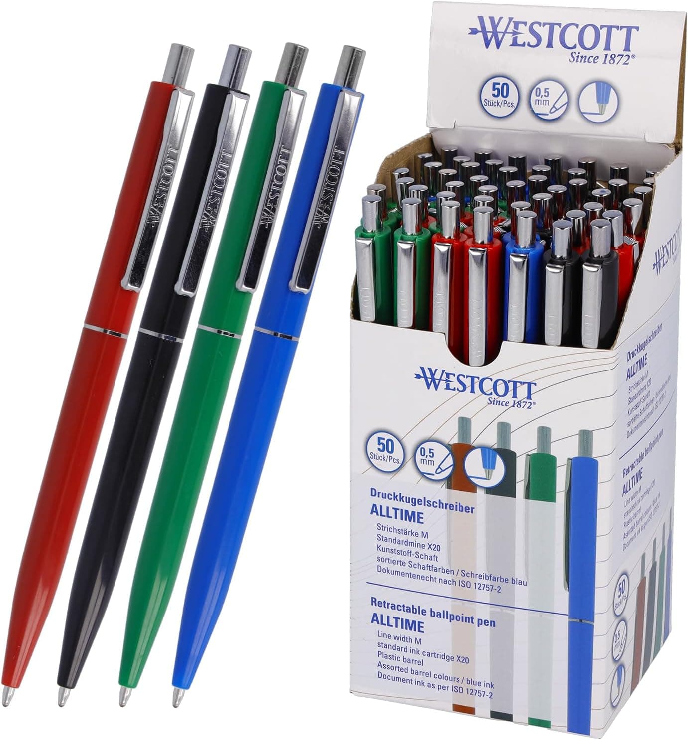 Westcott Stylo à bille ALLTIME Mix, lot de 50 | Stylo à bille à pression à encre bleue | Épaisseur de trait M avec recharge standard X20 | Indélébile selon la norme ISO 12757-2 | E-737487 00